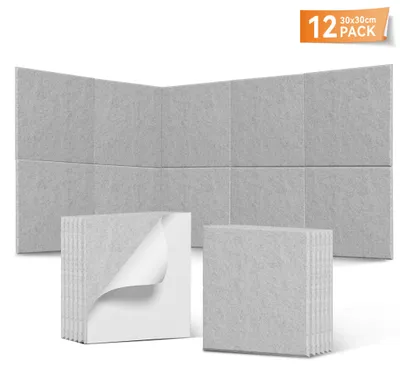 Zdjęcie produktu dla QEENTOE, zestaw 12 sztuk paneli akustycznych, 30x30x0,9 cm, samoprzylepne, płaskie panele filcowe o kwadratowym kształcie, do biur, studiów i wnętrz, kolor jasnoszary