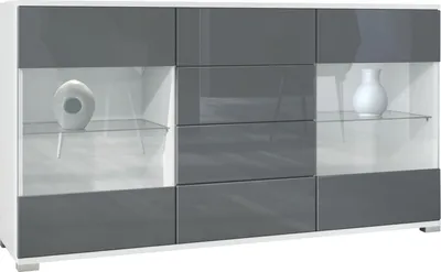 Produktbild von Vladon Sideboard Bari V1, Kommode mit 2 großen Türen und 4 Schubladen, Weiß matt/Grau Hochglanz (138,5 x 75,5 x 35)
