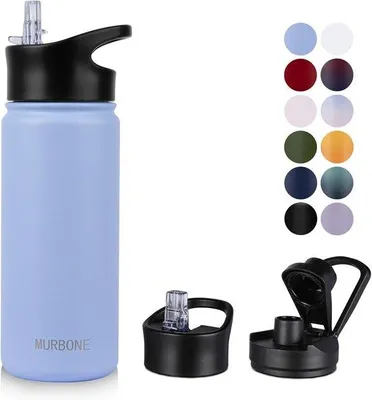 Productafbeelding van Roestvrijstalen waterfles 750 ml met 2 deksels en rietje, BPA-vrij, thermosfles, lekvrij