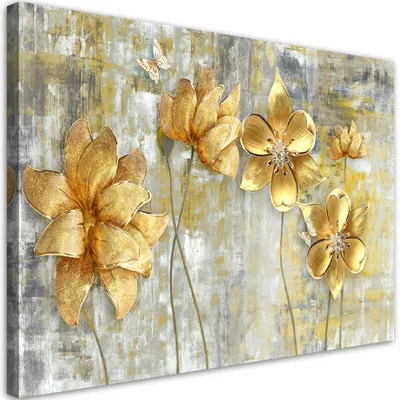Produktbild von Leinwandbild Goldene Blumen und Schmetterlinge 120x80 Feeby Gold bild für die wand bereit zum aufhängen