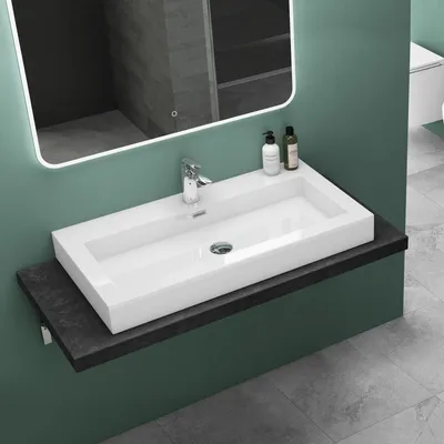 Produktbild von Mai&Mai Waschbecken Mineralguss Weiß, 90x48x10 cm (BxTxH), rechteckig, 1 Armaturenloch, Hänge- & Aufsatzwaschbecken col18, DIN-Anschlüsse, einfache Montage, robust & pflegeleicht