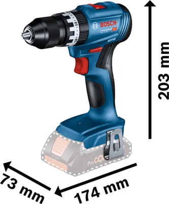 A Bosch cordless hammer drill with dimensions indicated.