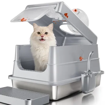 Immagine prodotto di Lettiera chiusa per gatti con tappetino antiscivolo, colore grigio, dimensioni L 60 x P 40 x H 39 cm, realizzata in acciaio inossidabile