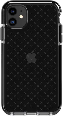 A black iPhone 11 with a textured case is shown from the back.