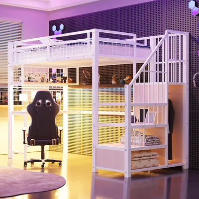 Image de OKWISH Lit Mezzanine 90x200 cm - Lit Ado avec Bureau et Armoire Intégrés, LED et Prise USB - Sans Matelas - Métal et MDF - Blanc