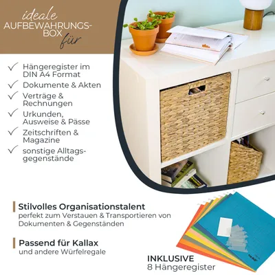 Aufbewahrungskorb für Hängeregister Korb geflochten aus Wasserhyazinthe mit Hängemappen passend für Kallax Regal