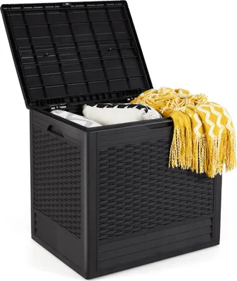 Produktbild von GOPLUS Gartenbox 136 L, Aufbewahrungsbox mit abschließbarem Deckel, Griffen, Auflagenbox wasserfest für Patio, Garten & Poolbereich (Braun)