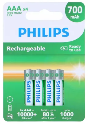 Produktbild von Philips Rechargeables Akku R03B4A70/10, Wiederaufladbarer Akku, AAA, Nickel-Metallhydrid (NiMH), 1,2 V, 700 mAh, Cd (cadmium), Hg (Quecksilber)