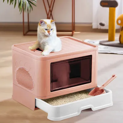 Produktbild von Katzentoilette mit ausziehbarer Schale Doppeltürige Katzenklo mit Schaufel Katzentoilette mit Massagebrett 50.8×40×37cm Rosa
