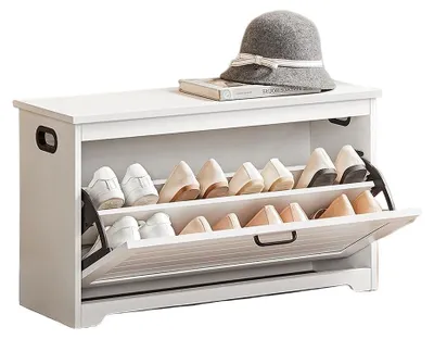 Obrázek produktu pro Bílá botník – dřevěná lavice s úložným prostorem – nosnost 100 kg – rozměry 80 x 30 x 46 cm