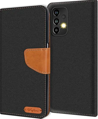 A black flip case for a Samsung Galaxy A53 5G phone is shown, with a brown leather accent and a small logo.