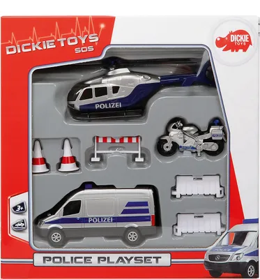 Produktbild von DICKIE SOS Police Play Set 3 Fahrzeuge mit Zubehör Polizei Freewheel Spielzeug