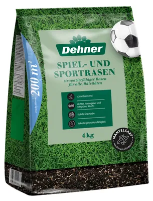 Produktbild von Dehner Saatgut Spielrasen / Sportrasen, hochwertige Rasensamen für strapazierfähigen / dichten Rasen, schnell keimend / pflegeleicht, ideal für Familiengärten & Spielflächen, 4 kg für ca. 200 m²