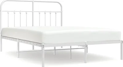 A white metal bed frame with a mattress on a white background.