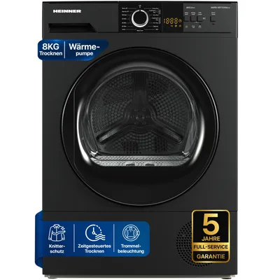 Produktbild von Heinner HHPD-V8T1CHS, Freistehend, Frontlader, Wärmepumpe, Silber, Drehregler, Tasten, Rechts