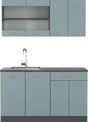 A modern kitchen unit with upper cabinets and a base cabinet with a sink and faucet.