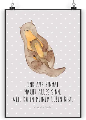 Produktbild von Mr. & Mrs. Panda Bild Otter Kind DIN A3 - Grau Pastell - Geschenk, Mama, Mutter, Tochter, Baby, Familie, kunstdruck poster, wanddeko, drucke