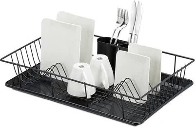 Immagine prodotto di Scolapiatti da cucina con cestello portaposate e vaschetta di raccolta, in plastica nera