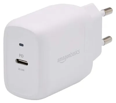 Imagen del producto de Cargador de pared USB-C de un puerto, 20W, sin tecnología GaN, con enchufe para la Unión Europea, color blanco