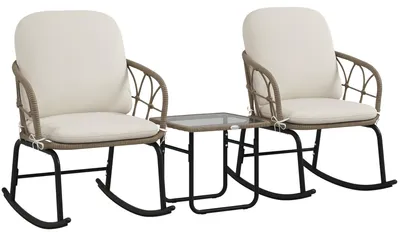 Productafbeelding van Schommelstoelenset, bistrostijl schommelstoelen, boho-stijl, PE-rotan, weerbestendig, crème