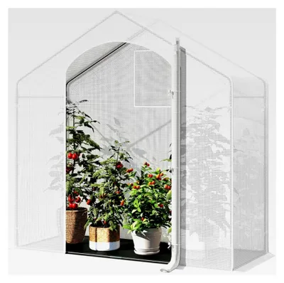 Produktbild von Winterfestes Foliengewächshaus mit schwarzem PE-Gewebeboden, Folie für Tomatenanzucht, Gewächshaus mit Tür und Fenstern, aus Stahlrohr PE, 200x80x200cm, Weiß
