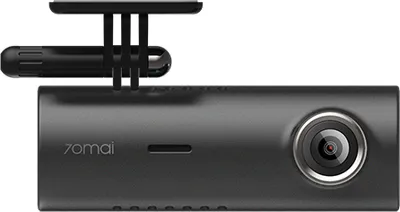 A close-up, front-facing view of a black dashcam with a silver camera lens and the brand name '70mai' printed on it. The dashcam is mounted on a black bracket with straps.