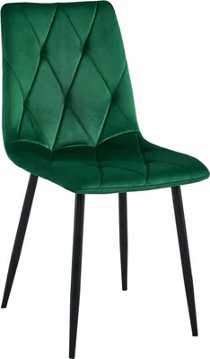 A green velvet chair with black legs on a white background.
