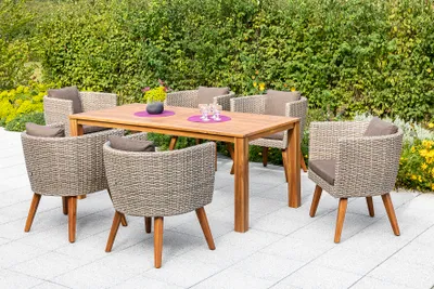 Produktbild von Merxx Gartenmöbelset "Imperia" 7tlg. mit Tisch 185 x 90 cm, inkl. Kissen - Aluminiumgestell mit Kunststoffgeflecht Steinbeige und Akazienholz