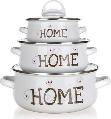 A stack of three white enamel pots with the word "HOME" written on them in brown lettering.