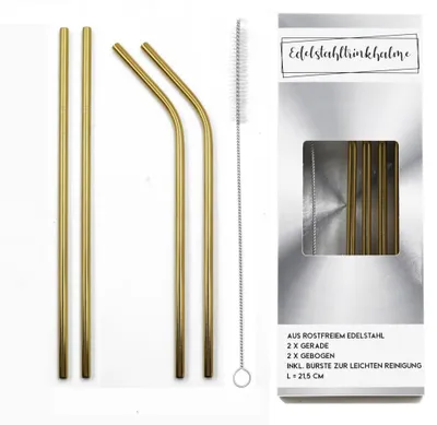 Produktbild von Edelstahl-Trinkhalme mit Reinigungsbürste 5-tlg Mehrweg Trinkröhrchen Strohhalm, Farbe:Gold