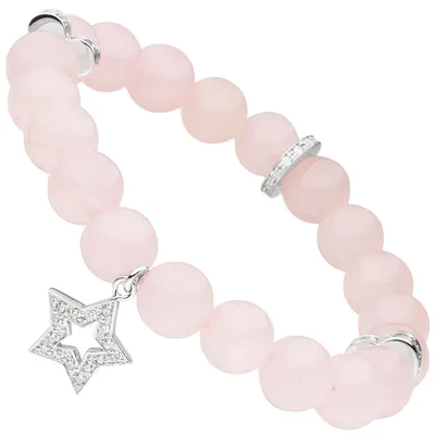 Produktbild von Kugel-Armband aus Rosenquarz rose mit Stern und Herzen 925 Silber Zirkonia 18cm