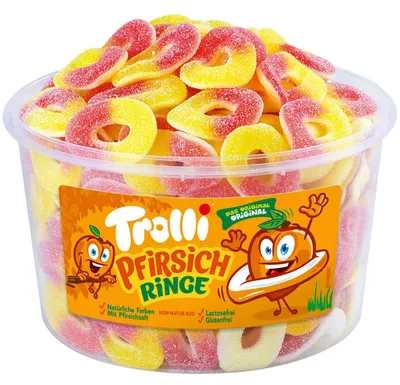 Productafbeelding van Trolli 4000512994244 Trolli Fruitgummie, perzikjes, verpakking van 150 stuks in een ronde doos
