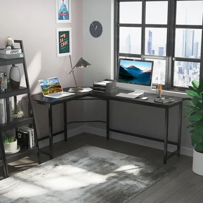 Produktbild von 170cm L-förmiger Schreibtisch, Eckschreibtisch aus Holz Tischplatte, Metall Schwarz 168 x 120 x 75 cm, Zeichentisch Computertisch für Zuhause Büro
