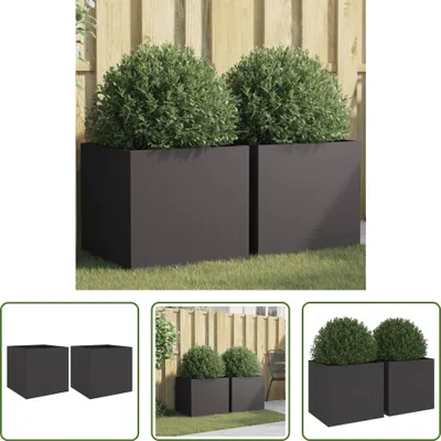 A collage of images showing black planters with green bushes, some in a garden setting and others isolated.