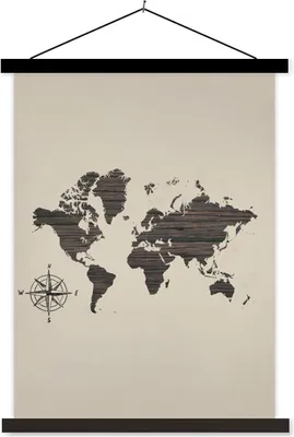 Produktbild von MuchoWow® Textilposter Weltkarte - Holz - Vintage 60x80 cm mit schwarzem Rahmen - Plakathalter