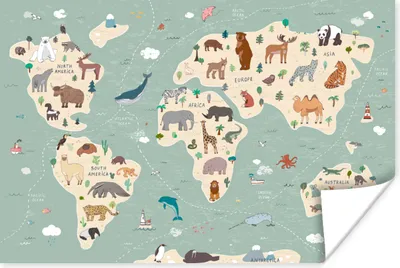 Produktbild von MuchoWow® Poster Erde - Weltkarte Kinder - Tiere - Jungen - Mädchen - Blau 180x120 cm - Fotoplakat