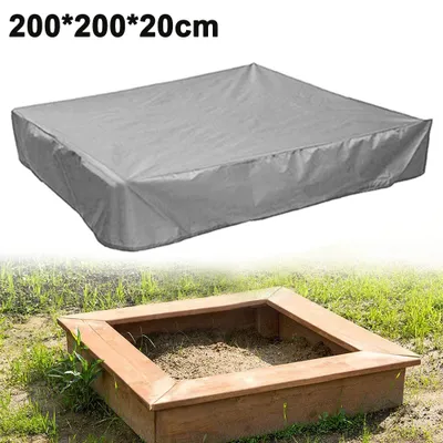 A collage showing a gray sandbox cover on top and a wooden sandbox in use below.