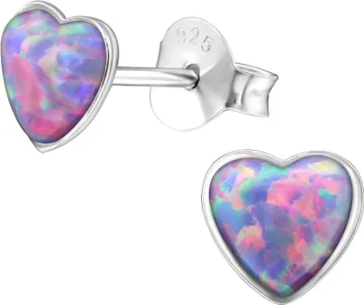 Produktbild von 925 Sterling Silber Ohrstecker Herz synthetischer Opal in verschiedenen Farben Farbe - Lila