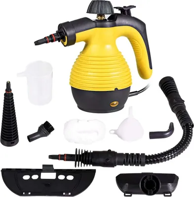 Produktbild von Dampfreiniger, 3 bar tragbar Handdampfreiniger mit 9 Zubehörteilen, 350ML Dampfdruckreiniger Handgerät für Bad Küche Fenster Teppiche Boden, Dampfsauger physische Reinigung (Gelb)