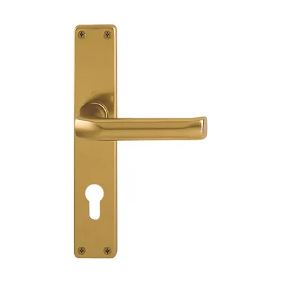 A brass-colored door handle with a keyhole on a white background.