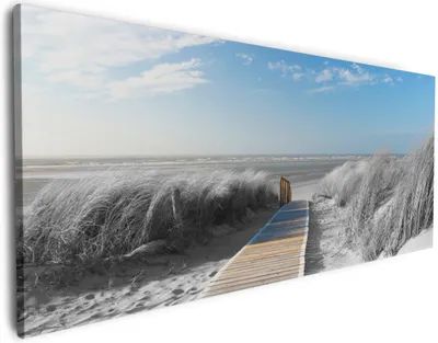 Produktbild von Wallario Premium Leinwandbild Auf dem Holzweg zum Strand in schwarz-weiß Optik in Größe 60 x 150 cm