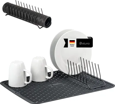 Immagine prodotto di tappeto scolapiatti eluno incl. scolapiatti, tappetino in silicone antiscivolo 33,5 x 43 cm, tappetino per lavello salvaspazio e resistente al calore con scolapiatti per 9 piatti, nero