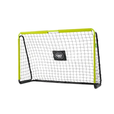 A soccer goal with a net and a green frame, shown against a white background.