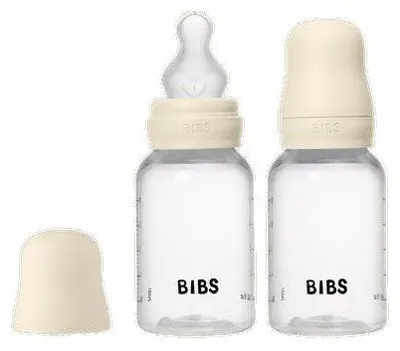 Zdjęcie produktu dla Butelka dla niemowląt BIBS, silikonowa smoczek o okrągłym kształcie, pojemność 150 ml, przepływ wolny, kolor kość słoniowa, zestaw 2 sztuki