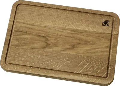 A wooden cutting board with a logo on it, placed on a white background.