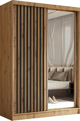 Produktbild von 150 cm Kleiderschrank Erika mit Lamellen und Spiegel inklusive 2 Schiebetüren Schwebetürenschrank Kleiderstange Garderobe Lieferung bis in die Wohnung (Farbe: Artisan, Artisan, Lamelle schwarz)