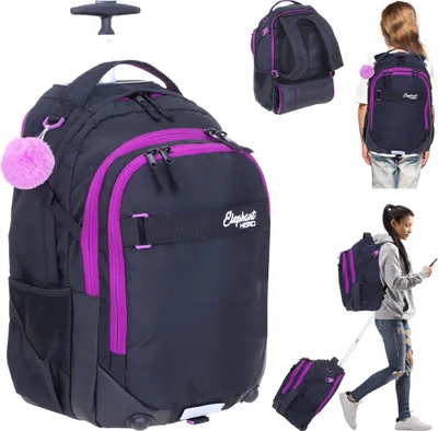 A collage of images showing a rolling backpack from different angles and being used by people.