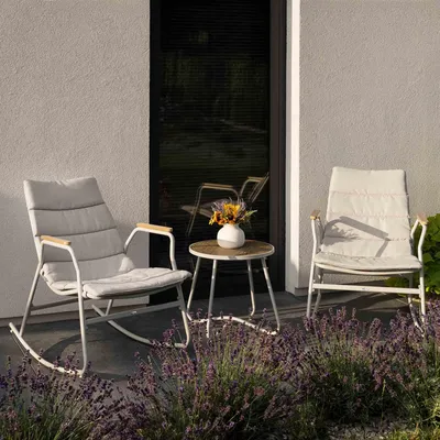 Produktbild von di volio Gartenmöbel Set RICIONE - Creme, modernes Balkonmöbel Set mit 2 Schaukelstühlen i Beistelltisch, wetterfeste Sitzgruppe Outdoor für Terrasse