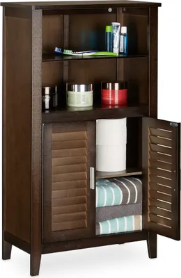 Zdjęcie produktu dla Szafka łazienkowa Relaxdays w kolorze ciemnobrązowym LAMELL, szafka łazienkowa z bambusa, szafka na telefon, wymiary: 92 x 50 x 25,5 cm
