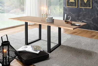 Produktbild von KAWOLA Esstisch LORE 140x90cm Akazie massiv natürliche Baumkante mit 2 Ansteckplatten